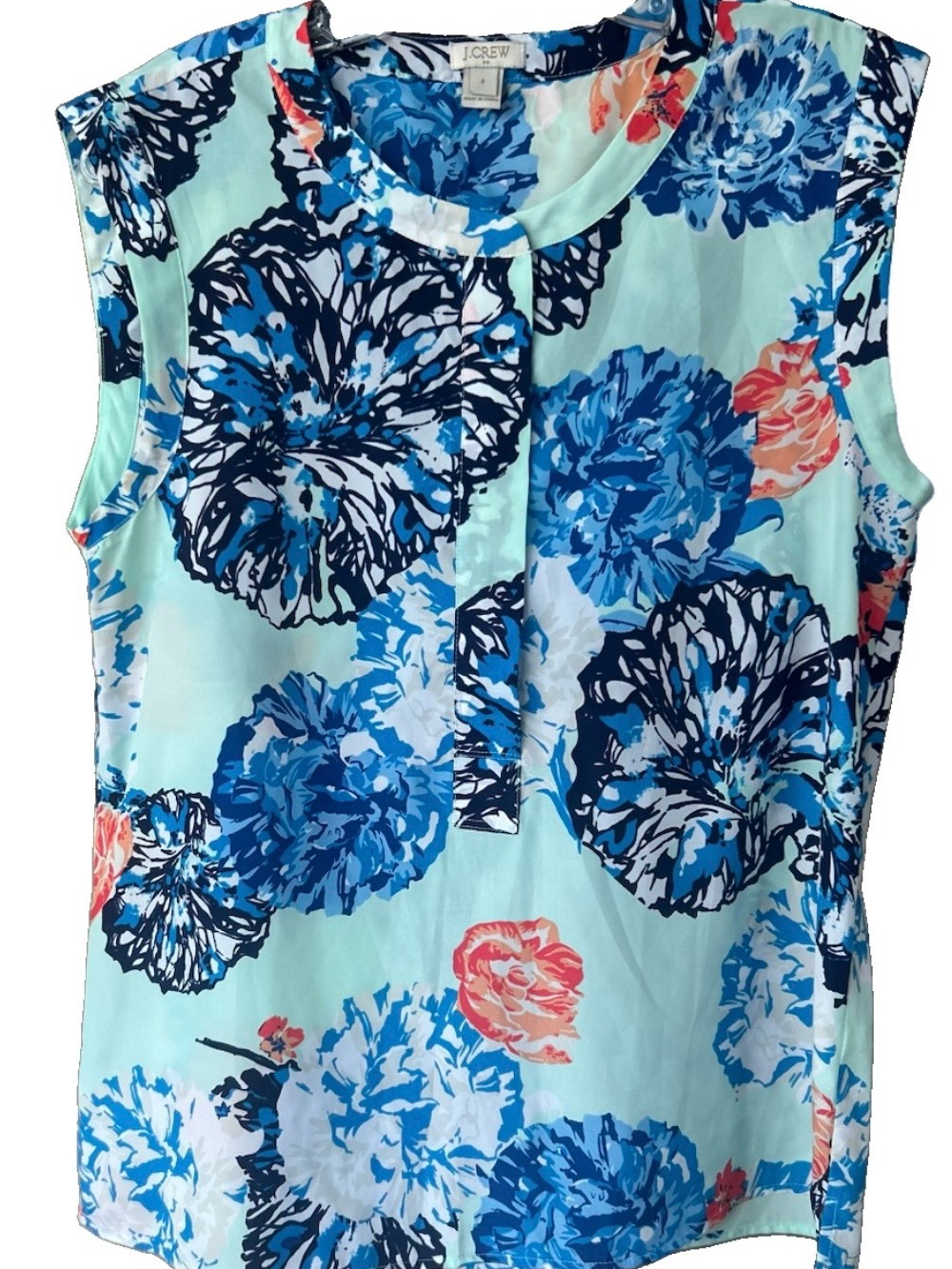 J.Crew Floral Sleeveless Hidden Button Blouse Blue Aqua Size 8